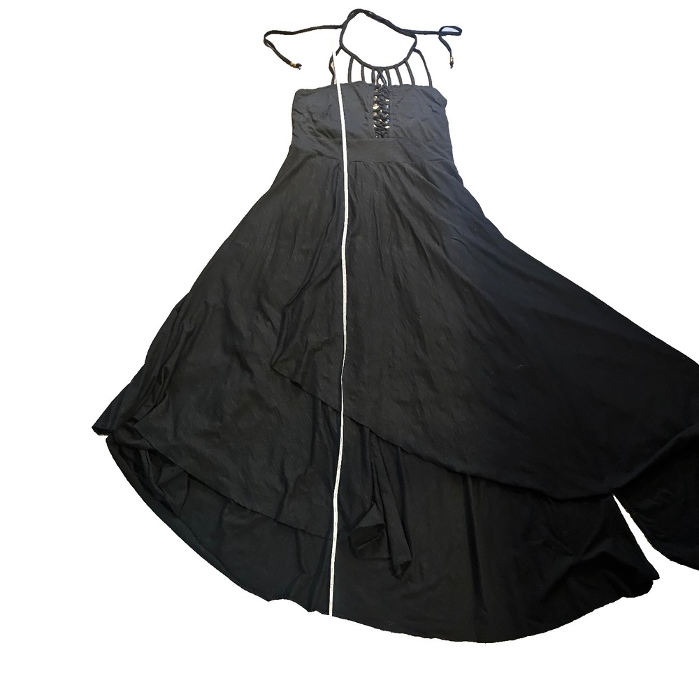 Black Corset Maxi Dress Asymmetrical Lace Up Caged Witchy Fairy Grunge Goth 16W - Picture 10 of 13